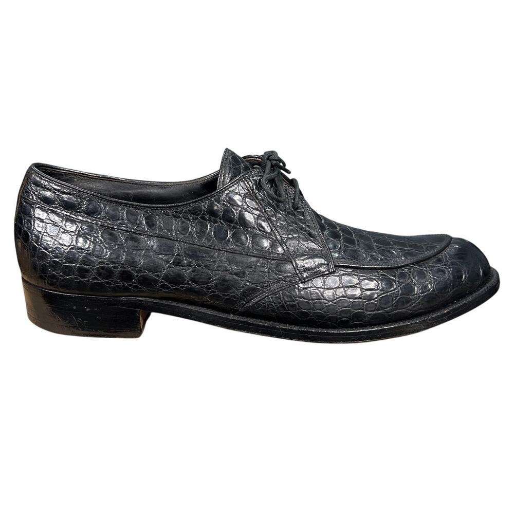 Vintage French Shriner Black Alligator Narrow Split Toe Derby Shoes Size 11.5